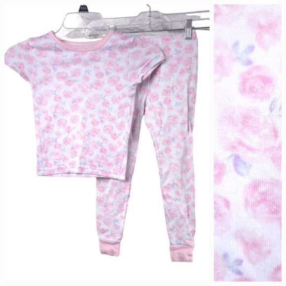 Laura Ashley Soft Knit Girls Pink Rose Pajama 2pc Sleep Set PJs Sleepwear Outfit - Picture 1 of 8